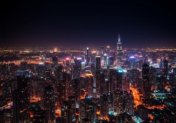 Fototapeta premium High-angle shot of a vibrant city skyline after dark, capturing the energetic and bustling urban landscape from above