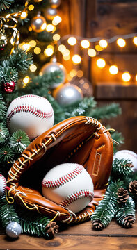 A close-up of a baseball glove with two baseballs nestled inside, surrounded by festive Christmas garland and pinecones. A decorated Christmas tree with warm lights is in the blurred background