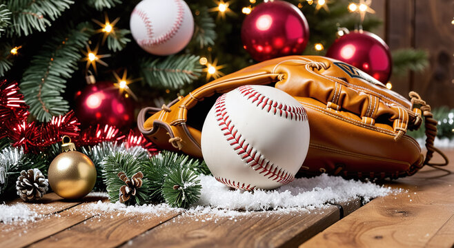A festive baseball-themed Christmas scene with a glove and balls in the snow, set against a decorated tree