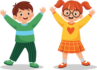 Happy children illustration, kids with raised hands, colorful outfits, joyful expressions, playful scene, cartoon style, vibrant colors, cheerful mood, fun and excitement