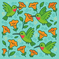 Obraz premium Whimsical Handdrawn Hummingbird with Orange Flowers Seamless Decorative Pattern Design