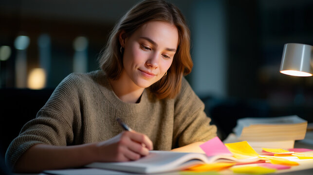 Focused student studying for exams with sticky notes in library