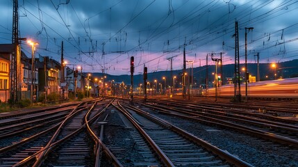 Fototapeta premium Panorama at main station of Hagen in Westphalia Germany at blue hour twilight Railway tracks with switches lamp lights and blurred trains in motion Colorful railway infrastructure .
