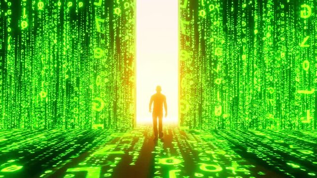 Man walking through a door in matrix wall of Artificial Intelligence  