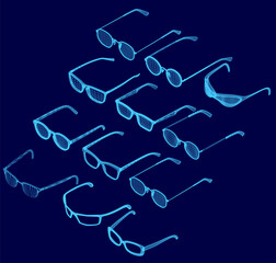 Blue glasses arranged in a group on a dark blue background, creating a bold color contrast. The wireframe design adds a modern and sleek aesthetic. The set is visually striking with clean lines.