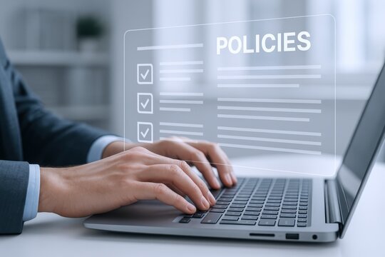 Businessman reviewing corporate policies and compliance documentation on a laptop, ensuring company regulations are followed and risks are managed
