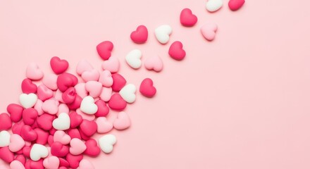 Heart Shaped Candy Sprinkles on Pink Background, Valentine's Day, Romantic Theme, Sweet Treats, Confectionery Concept