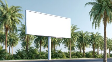 Naklejka premium Blank Billboard Mockup Surrounded by Palm Trees Under Clear Sky, Ideal for Summer Advertising