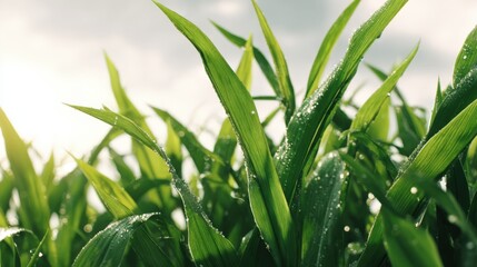 Fototapeta premium Fresh Green Grass Blades with Dew Drops Sparkling in Sunlight, Symbolizing New Beginnings