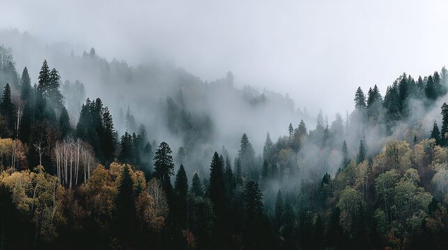 Misty mountain fog-covered forest with pines and autumn-colored trees