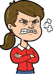 Cartoon woman with brown hair and red shirt looking angry with crossed arms girl illustration