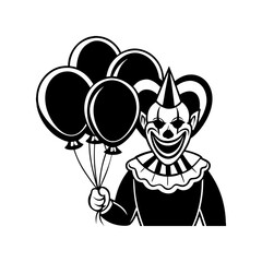 Creepy clown holding a bunch of black balloons isolated on white background isolated on transparent background