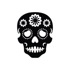 Decorative black sugar skull with floral embellishments isolated on white background isolated on transparent background