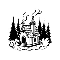 Fototapeta premium Whimsical hand drawn cabin nestled amongst tall pine trees emitting smoke isolated on white background isolated on transparent background
