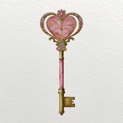 Ornate Golden Key with Pink Heart and Gemstone Accents