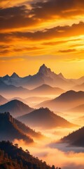 Obraz premium A majestic mountain range at dusk with misty peaks and serene valleys