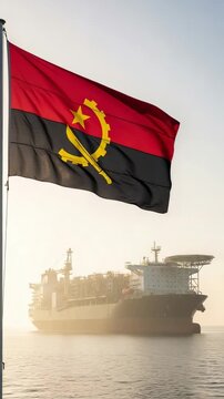Waving flag of Angola with a large FPSO oil tanker ship in the background at sea during a hazy sunrise.