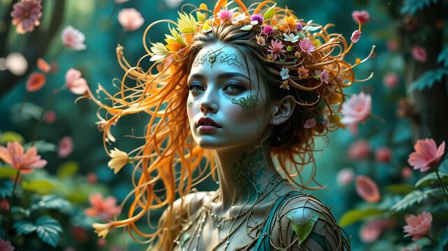 Mythical woman with blue skin and floral crown in lush green forest under soft daylight. Concept of fantasy nature and folklore magic