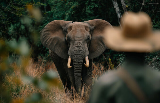 Close-up of a wild African elephant facing the camera, large ears spread, long tusks visible, standing in natural savannah habitat with blurred safari guide in foreground. Generative AI.