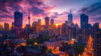 Fototapeta premium City Skyline at Sunset with Vibrant Sky and Building Lights
