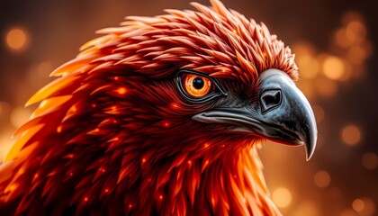 portrait of phoenix with glowing eyes and crackling feathers close-up fantasy detail background firelight resolution