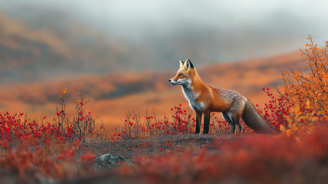 Red fox standing in autumn tundra with red and orange berry bushes, foggy background, side profile view, wildlife photography, detailed nature scene. Generative AI.

