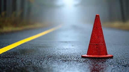 Orange cone sits on wet asphalt road with yellow line, foggy trees blurred