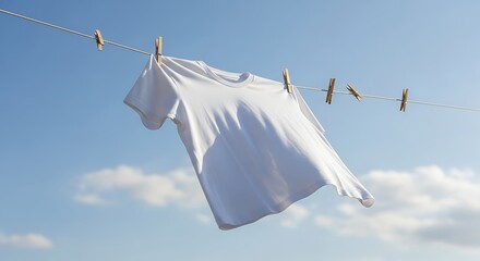 Crisp white t-shirt drying on clothesline against a bright blue sky with fluffy clouds