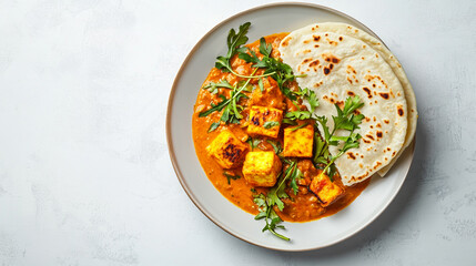 Chicken curry toped with leafs  with loaf.