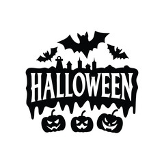 Spooky halloween sign with bats pumpkins and city skyline isolated on white background isolated on transparent background