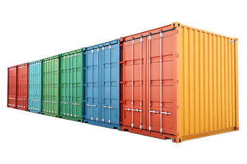 Perspective view of multicolored shipping containers arranged in linear formation showcasing different paint finishes, isolated on a transparent background