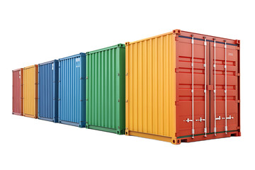 Rainbow arrangement of shipping containers in red yellow blue green orange displaying standardized dimensions, isolated on a transparent background