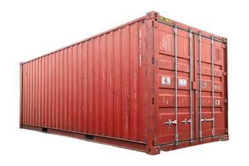 Fototapeta premium Weathered red shipping container showing rust and wear from ocean transport usage, isolated on a transparent background