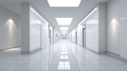 Obraz premium Modern Hospital Hallway Interior with White Walls and Shiny Floor Tiles, Clean Design, Empty Space