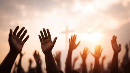 Faith and Hope: Silhouetted Hands Raised in Prayer at Sunset with Cross Symbol