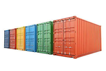Long row of multicolored shipping containers creating a rainbow pattern in industrial setting, isolated on a transparent background