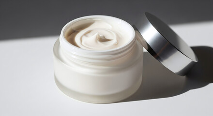 Luxurious cream in an open glass jar with a silver lid