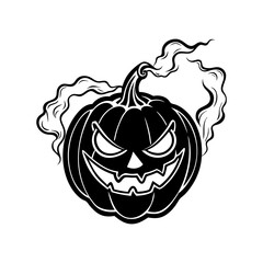 Spooky halloween jack o lantern pumpkin with smoke and evil grin isolated on white background isolated on transparent background