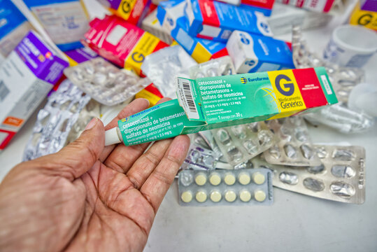 Suzano, Sao Paulo - Brazil - april 24, 2025: Various types of medicines and creams