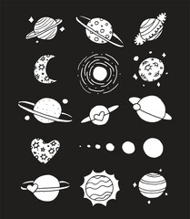 Collection of white Planets illustration doodle icon on a black background