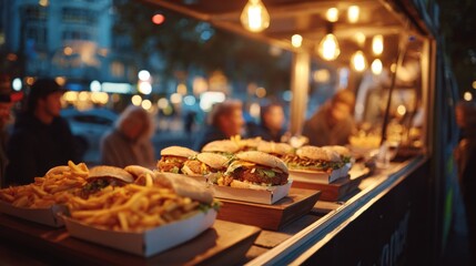 Delicious Burgers and Fries on Display at a Food Truck at Night, Ready to Serve