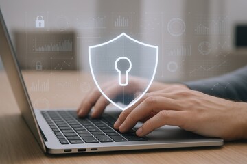 Data Protection with Cybersecurity Concept: Person Typing on Laptop with Digital Shield Overlay for Online Security