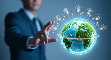 Global Business and Technology: A Vision of Interconnectedness and Sustainable Growth, Man touching holographic Earth
