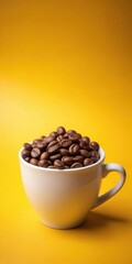 Fototapeta premium A delicate ceramic espresso cup filled with entire coffee beans against a bright and cheerful sunny yellow background