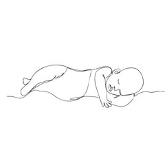 Minimalist one-line drawing of a newborn baby sleeping peacefully, connected by an umbilical cord. Elegant black continuous line art, simple design, perfect for maternity, birth, and family themes.