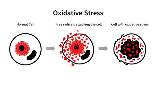 Oxidative stress diagram showing normal cell, free radicals attacking, and cell with oxidative stress
