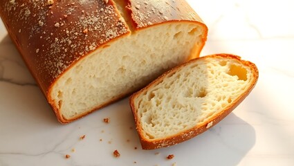 A loaf of sliced challah bread with a golden crust on a bright white marble surface in soft light