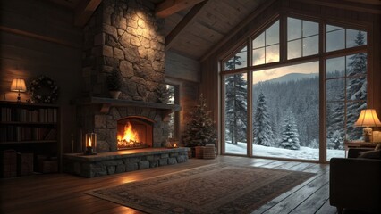 Cozy mountain lodge living room with roaring fireplace and large window overlooking snowy landscape