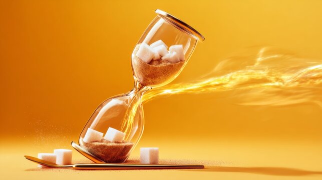 An hourglass filled with sugar cubes symbolizes limited time or resources,