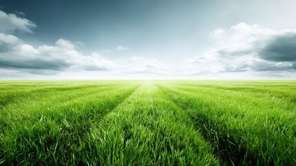 Obraz premium Lush Green Field Under a Cloudy Sky: Serene Nature Landscape for Backgrounds and Commercial Use